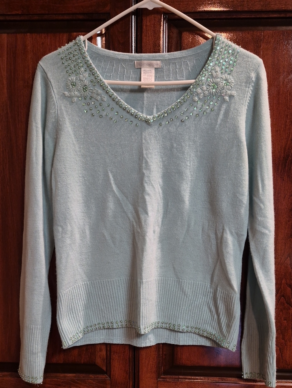 Worthington Vintage Y2K Beaded Sequin V-Neck Knit Sweater - Light Blue, Size Med